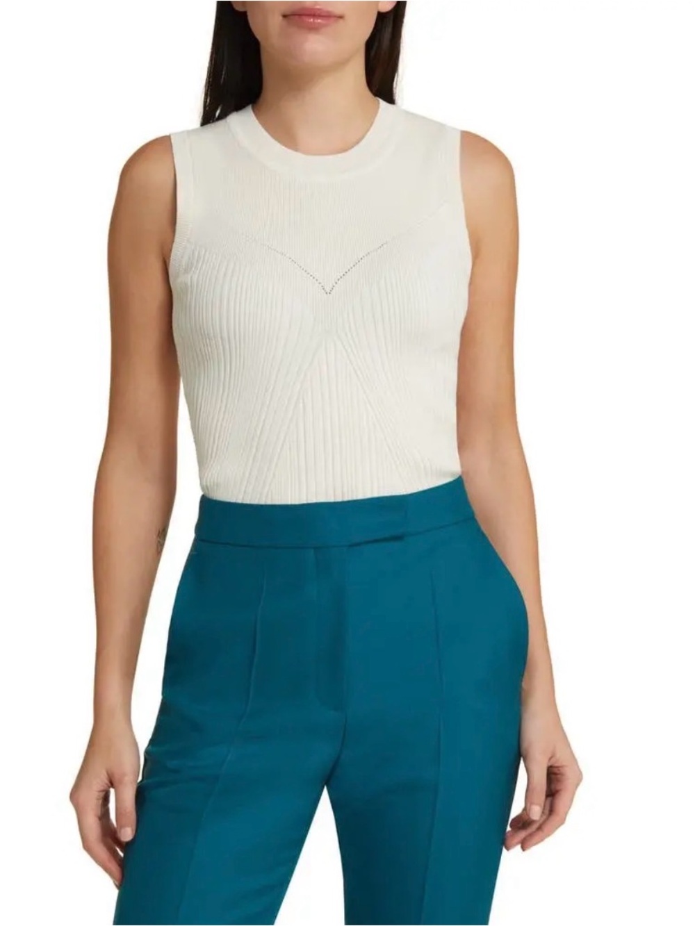 BOSS Cream Ribbed Sleeveless Knit Tank, Size XS